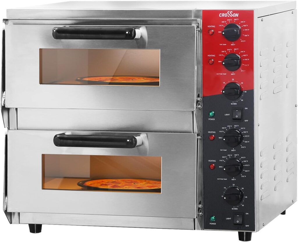 CROSSON Commercial Double Deck 16-Inch Electric Pizza Oven with Pizza Stone – ETL Listed Countertop Multipurpose Oven for Restaurants (120V/3200W)