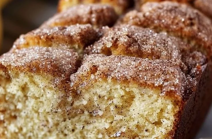 Slice of snickerdoodle banana bread on a wooden table with cinnamon sugar sprinkles