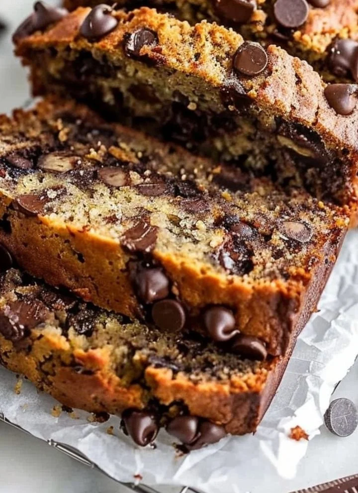 Slice of super moist chocolate chip banana bread with chocolate chips and bananas