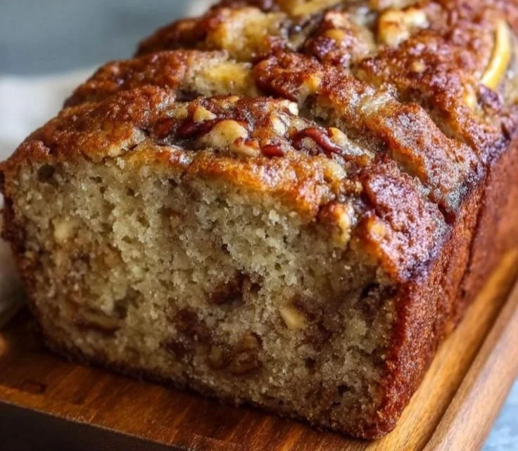 Delicious slice of world's best banana bread with ripe bananas