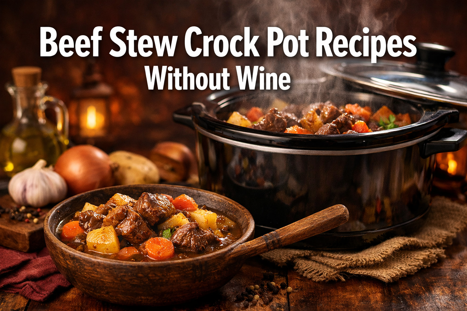 Professional landscape hero image (1536x1024) featuring bold text overlay 'Beef Stew Crock Pot Recipes Without Wine' in extra large 72pt whi
