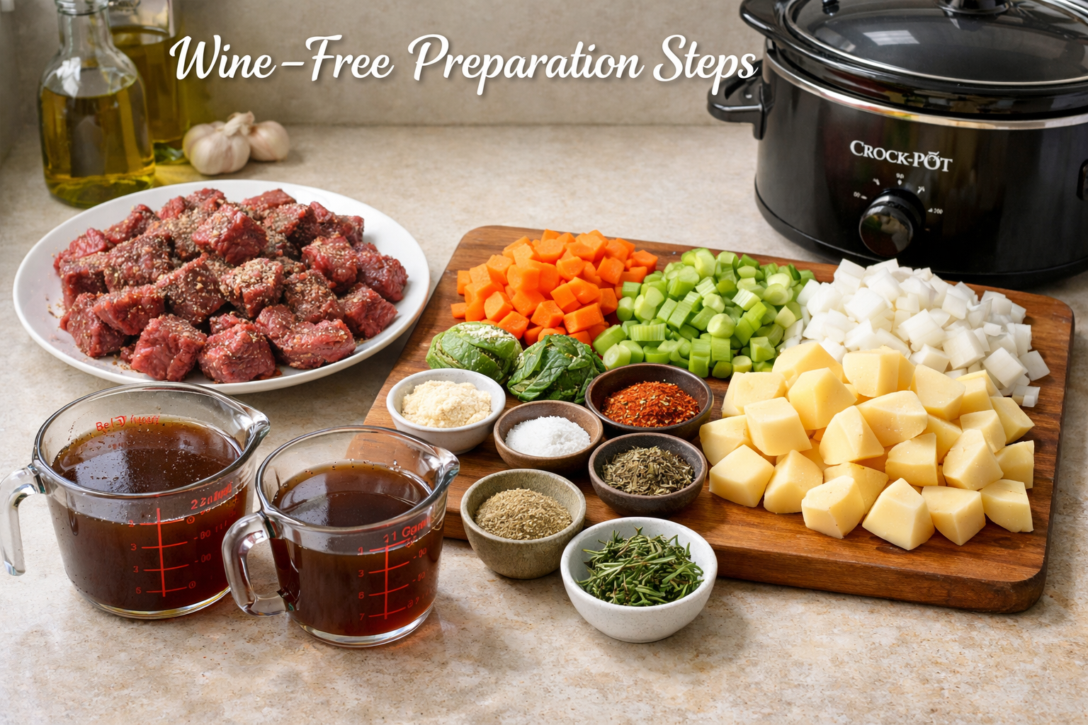 Detailed landscape image (1536x1024) showing step-by-step beef stew preparation without wine, featuring raw beef chunks being seasoned, chop