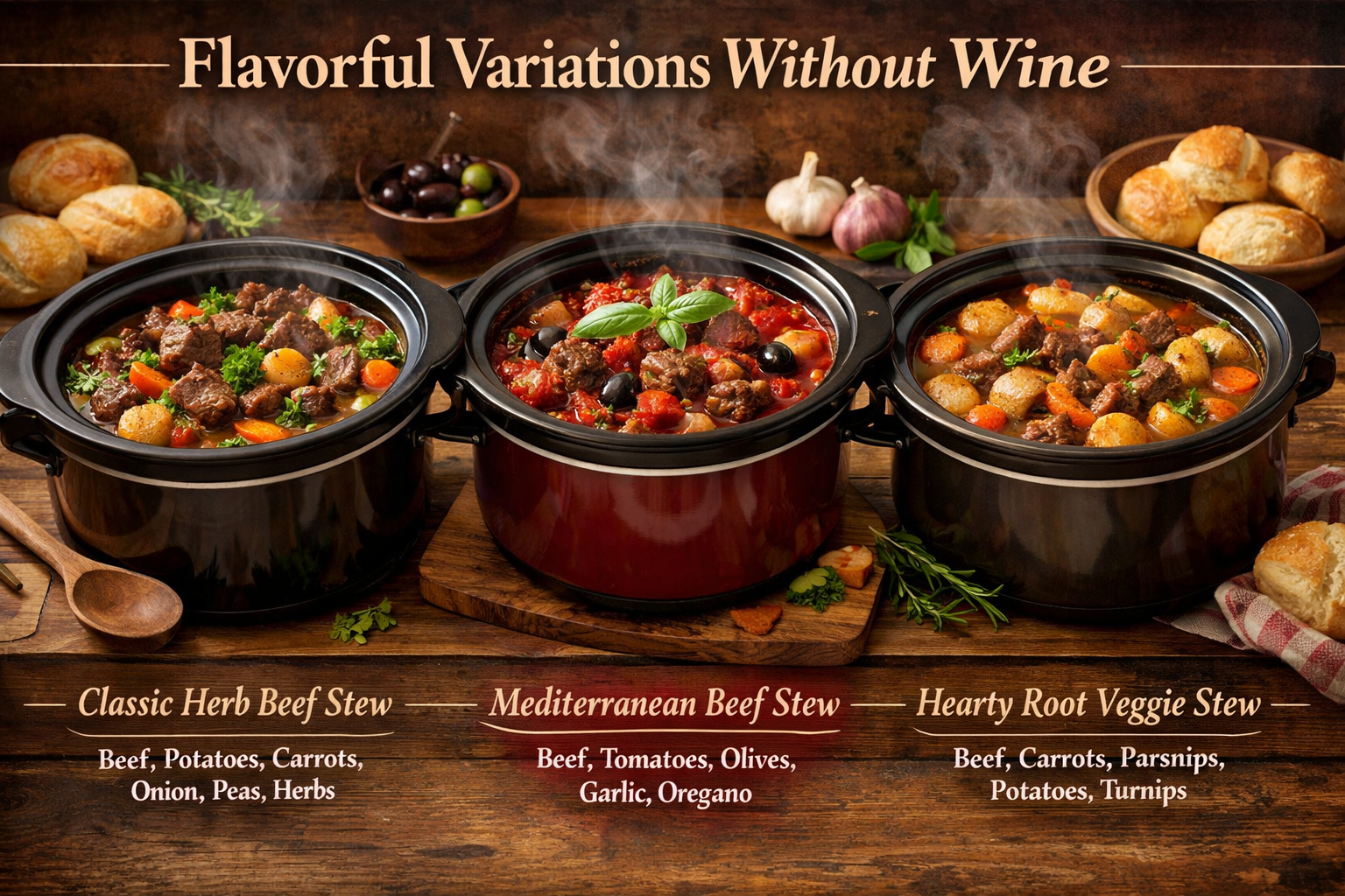 Landscape image (1536x1024) showcasing three different beef stew variations in separate crock pots - classic herb stew, Mediterranean-style 