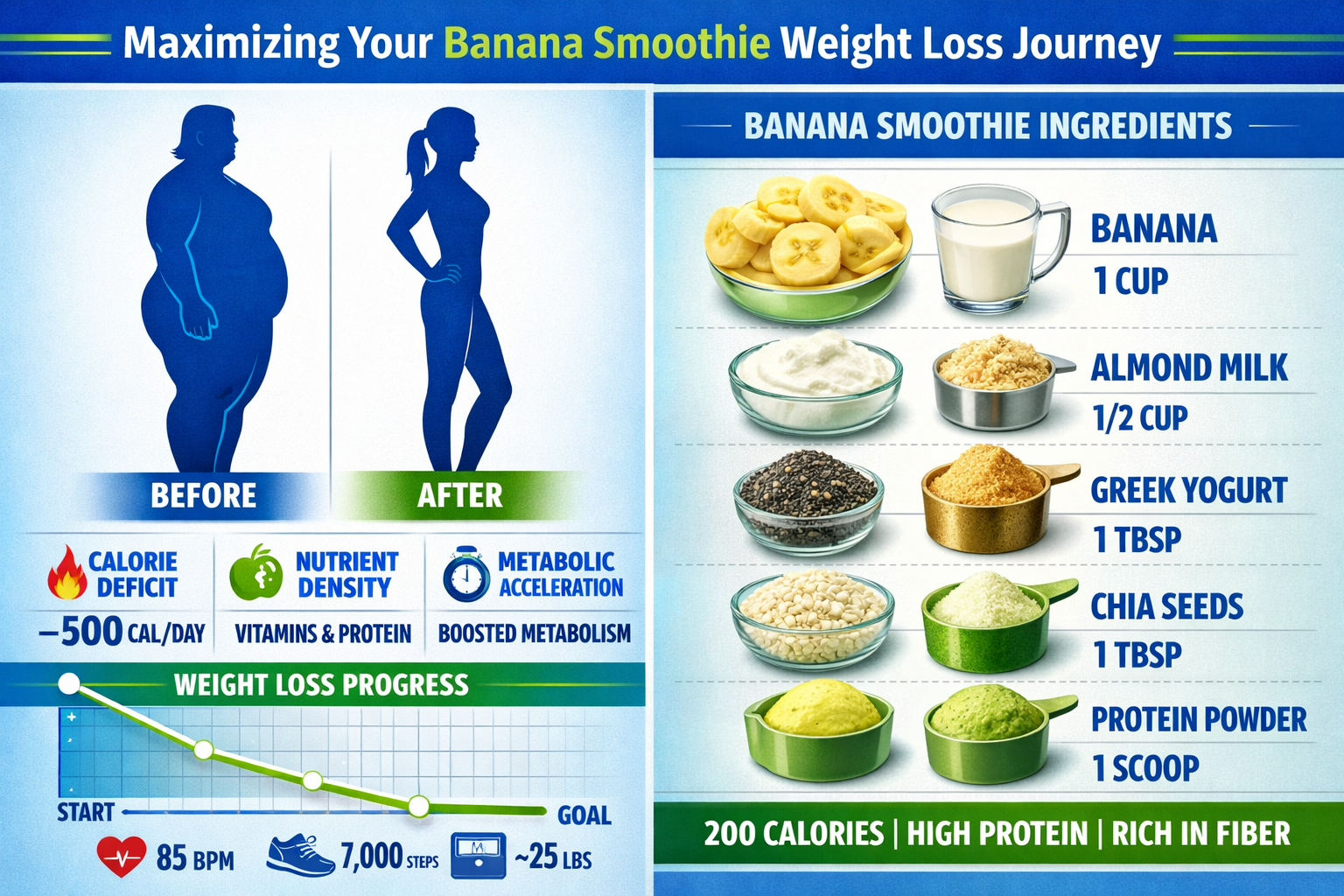 Weight loss transformation visual narrative showing 'Maximizing Your Banana Smoothie Weight Loss Journey'. Split-screen composition: left si